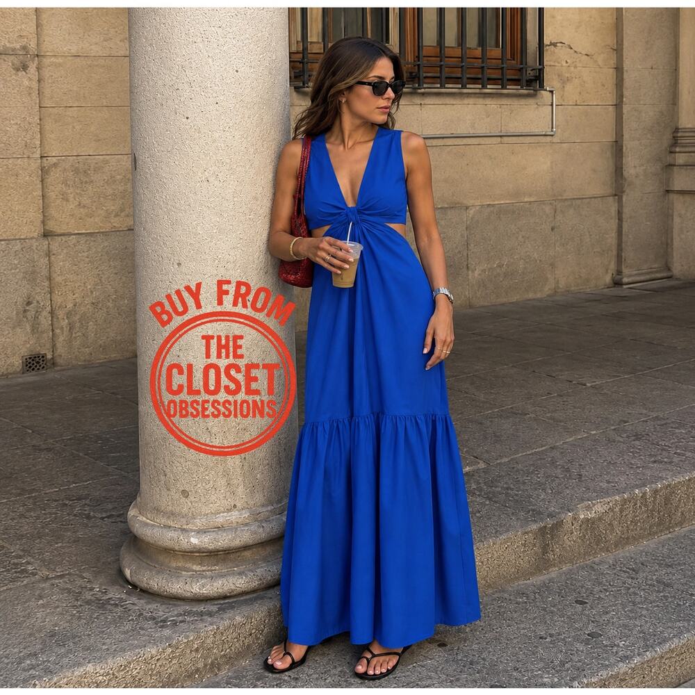 Mango NWT Royal Blue Cotton Twist Front Maxi Dress 4 6 8 10 - Picture 7 of 16